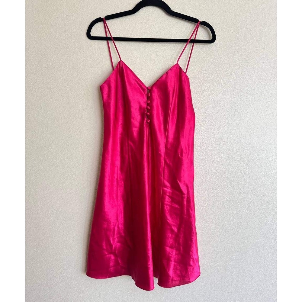 Vintage Nordstrom Hot Pink Fuchsia Satin Slip Dress S Button Front Coquette Y2K